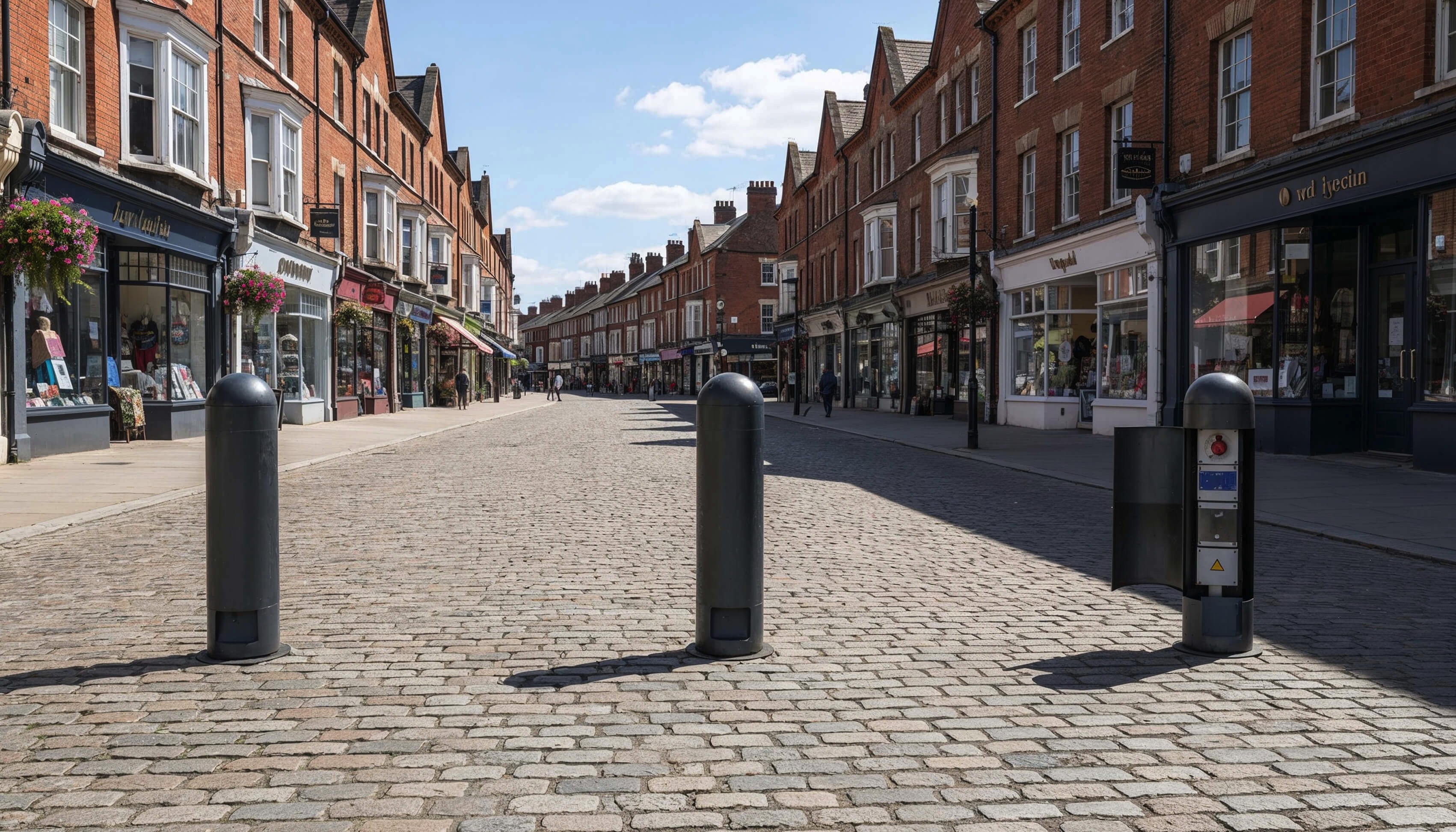 Dome top bollards from Pop Up Power Supplies with a door open to show how connections to power can be configured.